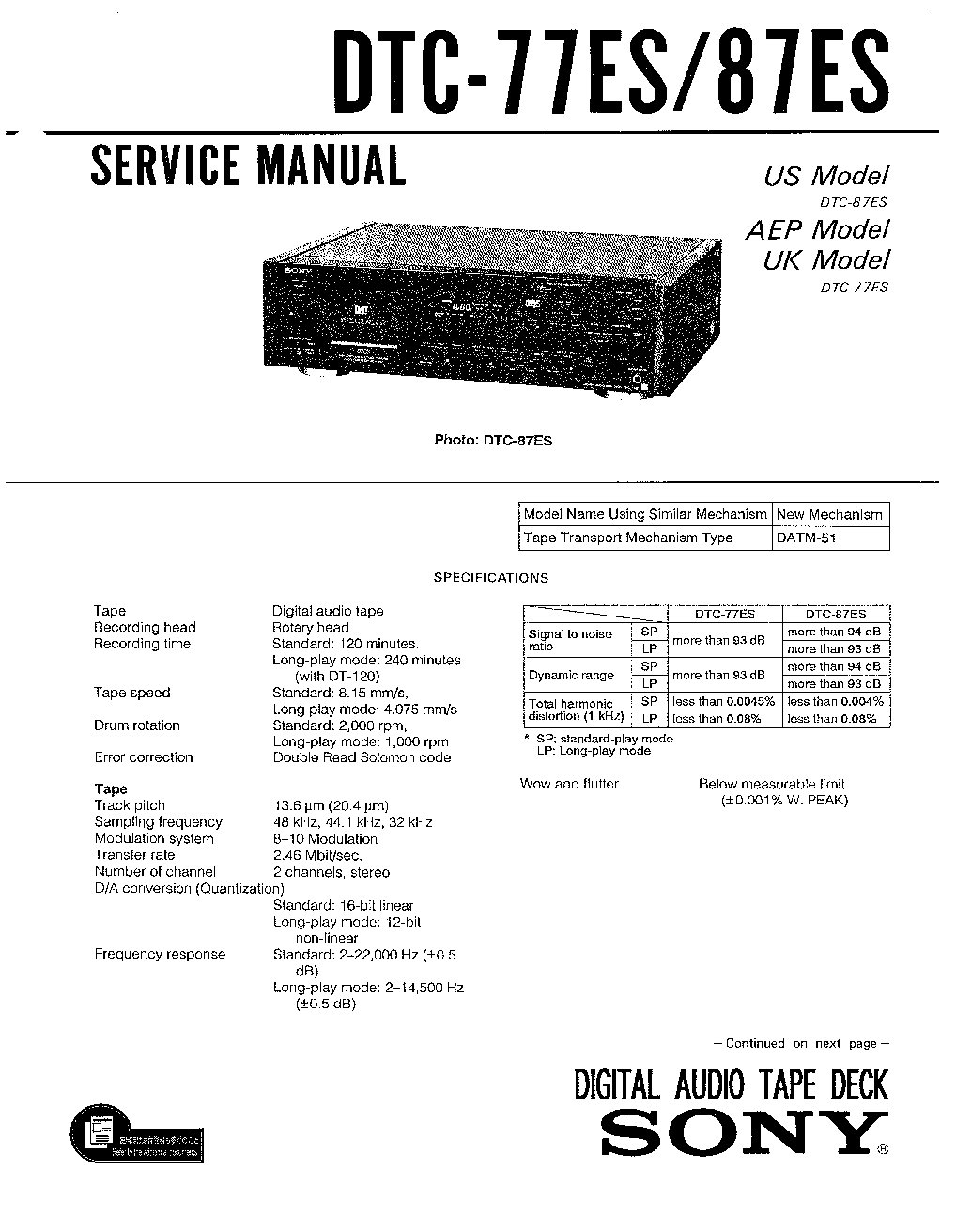 Sony DTC-77ES Service Manual