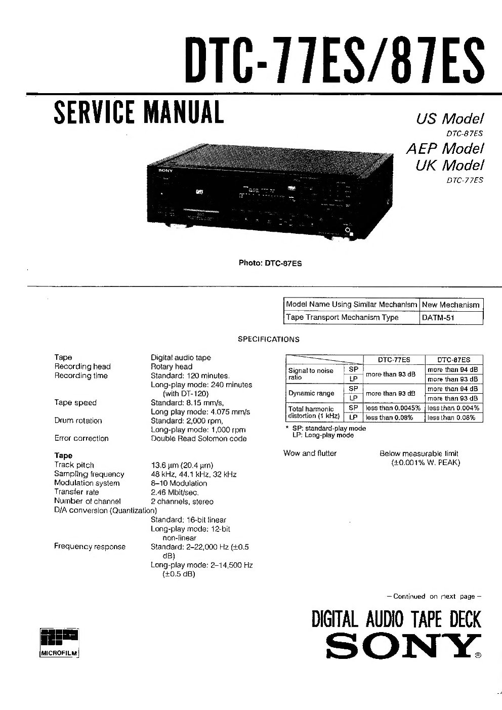 Sony DTC-87ES Service Manual