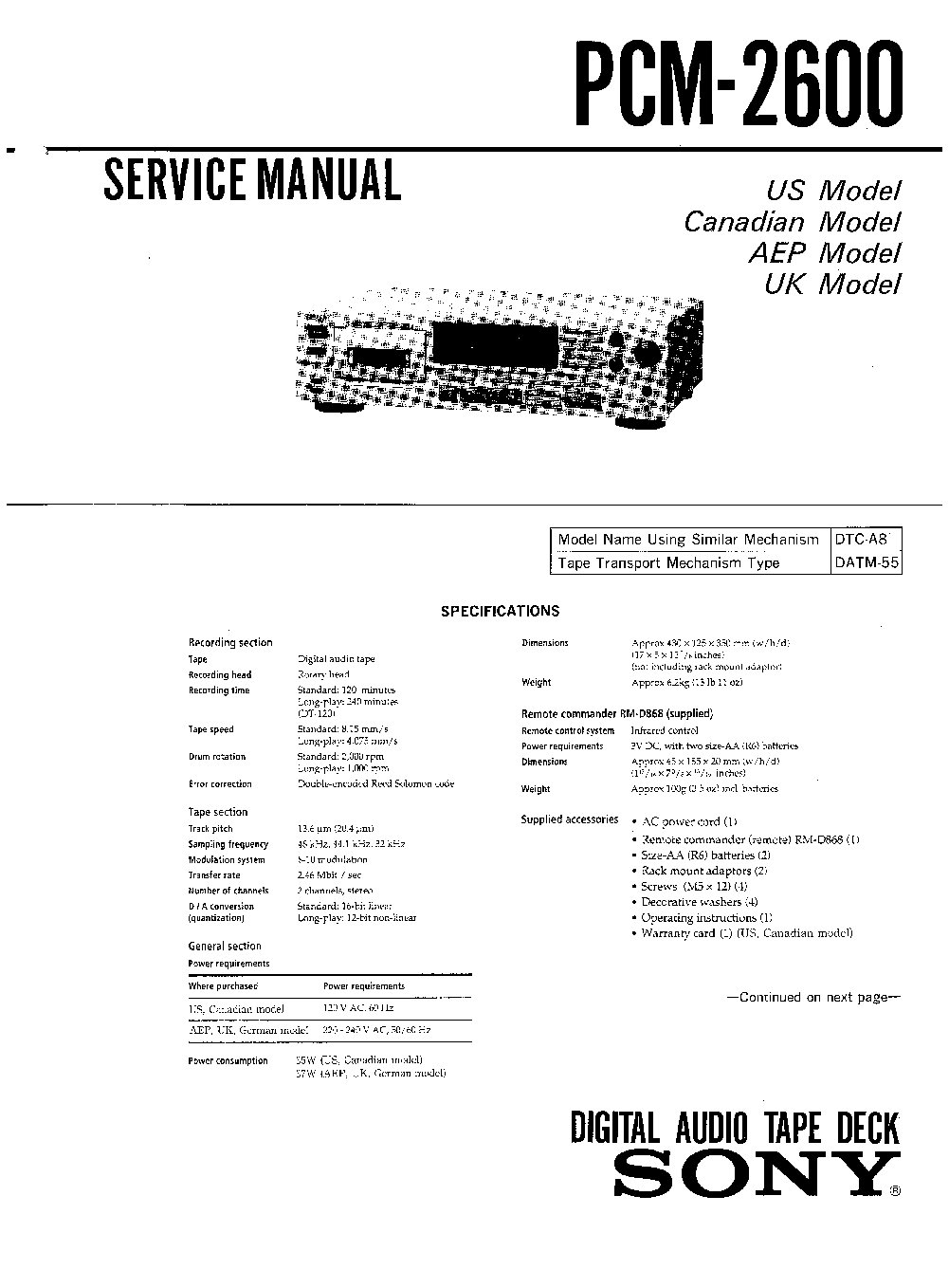 Sony PCM-2600 Service Manual